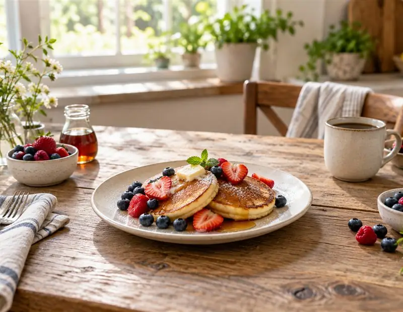 A stack of pancakes topped with fresh berries