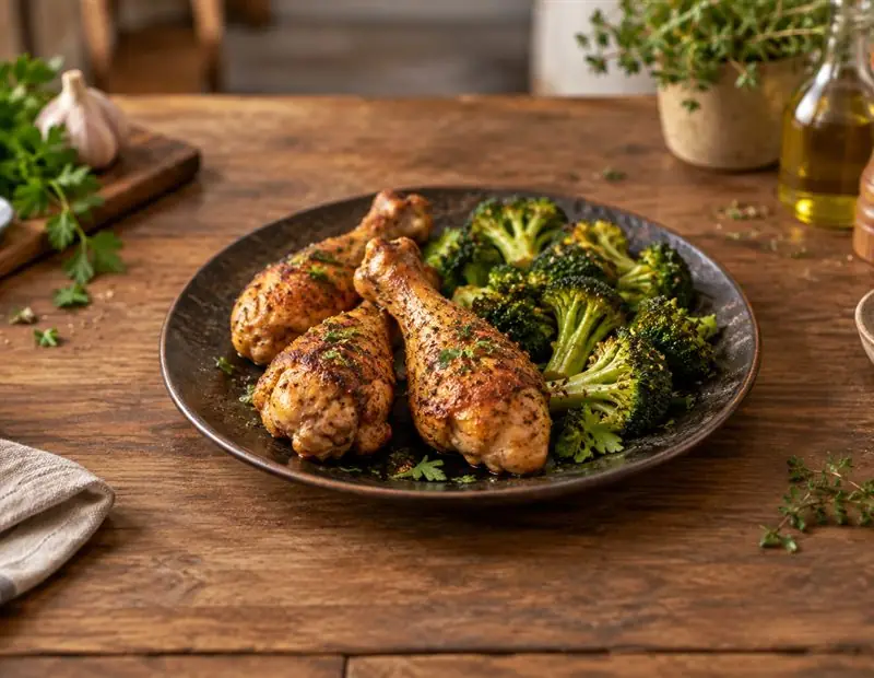 Glazed chicken pieces with broccoli