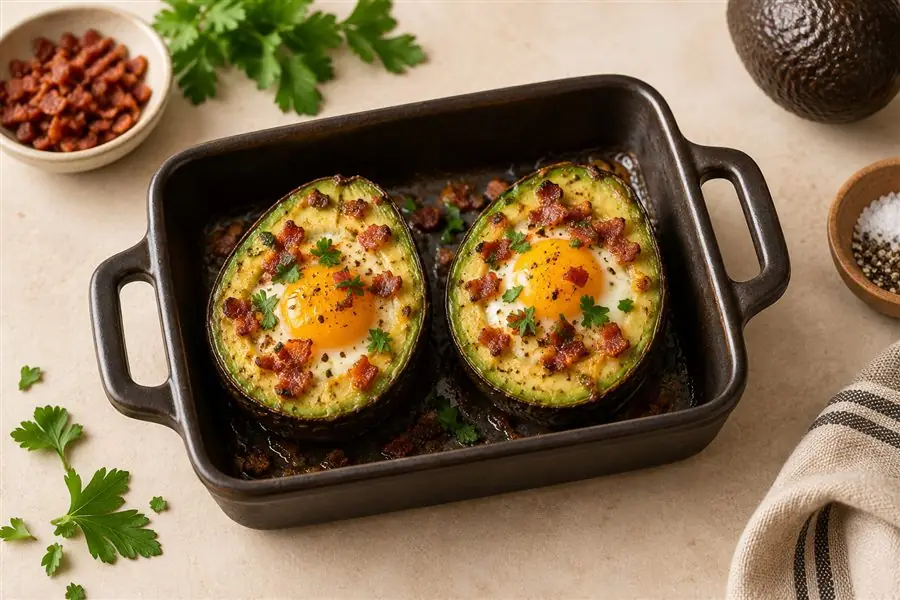 Two avocado halves filled with baked egg and crispy bacon, topped with parsley
